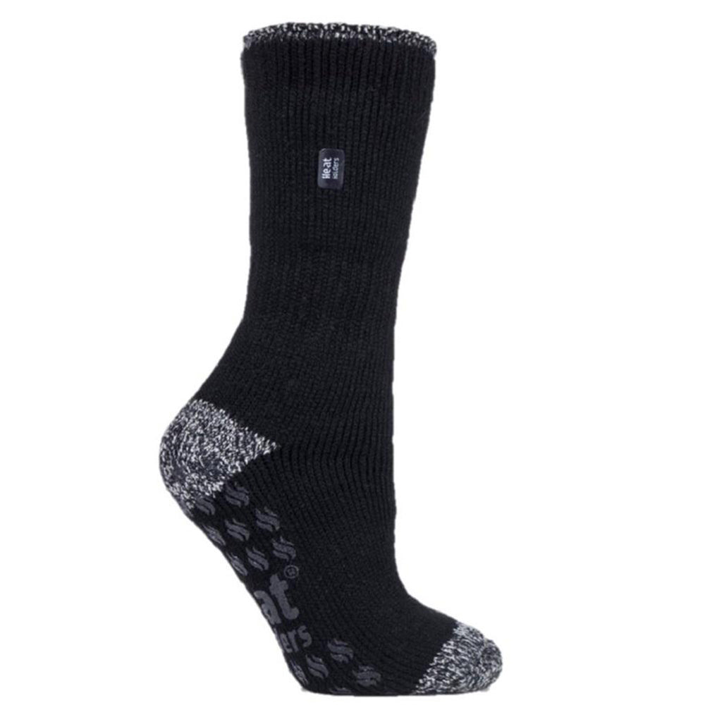 Black Heat Holders thermal socks with reinforced grey heel and toe areas, crew length. 

revised to:

Heatholders Original Slipper Socks in black for men.