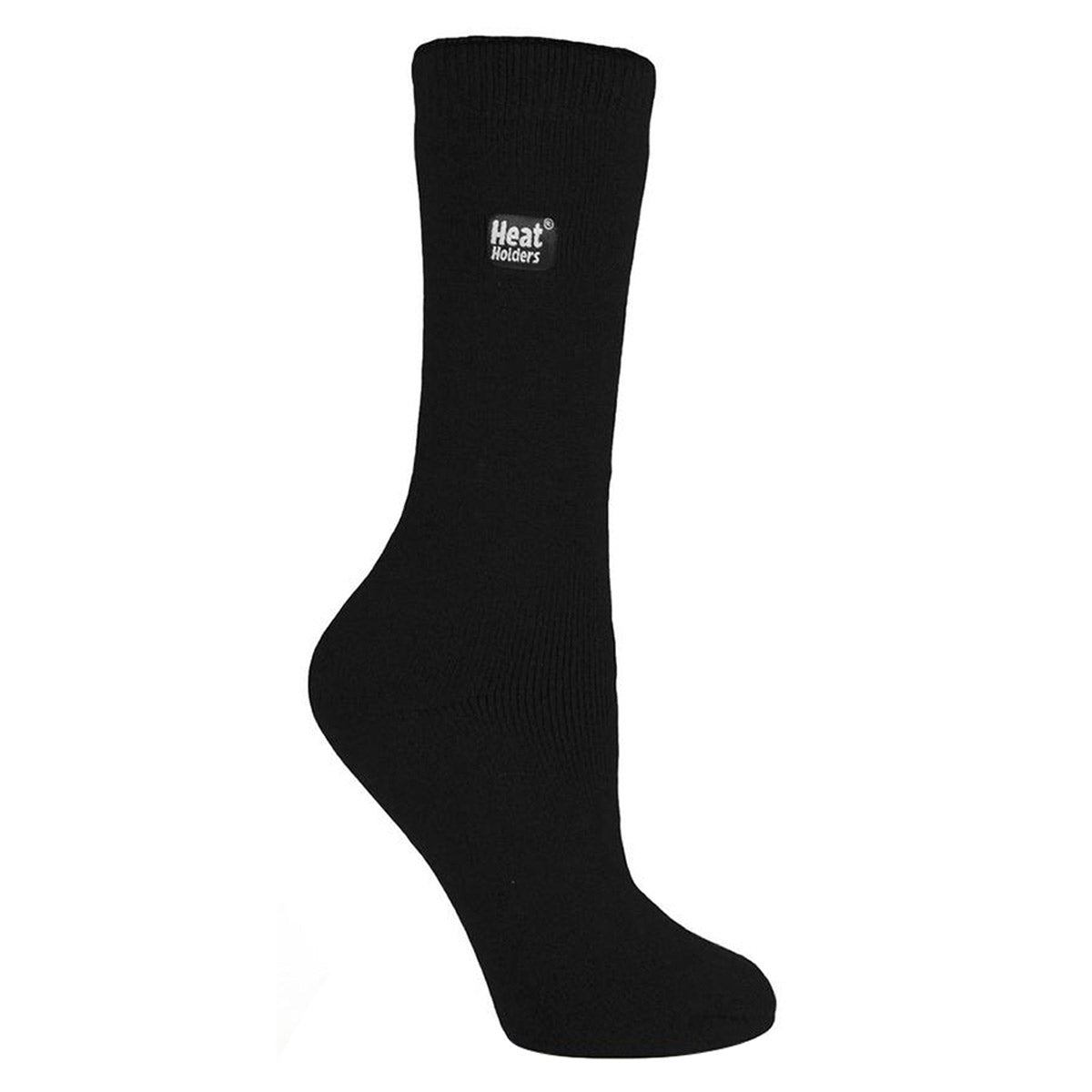Black diabetic-friendly thermal sock with the "Heatholders Lite Sock Solid Black - Womens" logo displayed on the ankle.
