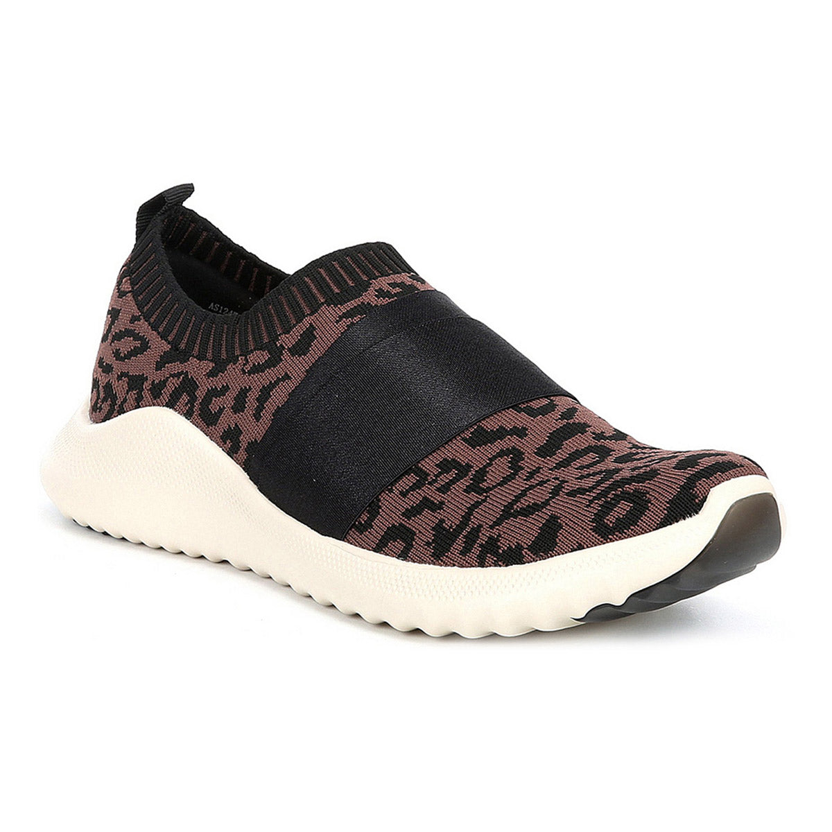 A casual slip-on Aetrex Allie Leopard sneaker with a black and pink leopard patterned design, featuring Lynco® Arch Support for plantar fasciitis relief.