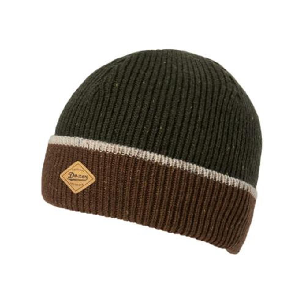 A two-toned ribbed knit Millymook/Dozer Chad Beanie with a logo patch, perfect for chilly weather.