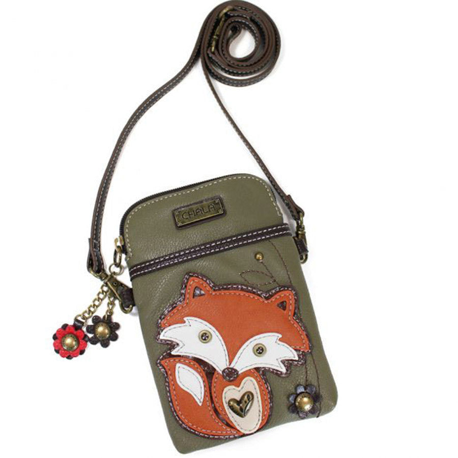 A small, olive green CHALA CELLPHONE CROSSBODY BAG OLIVE FOX with a decorative fox design and a flower charm detail.