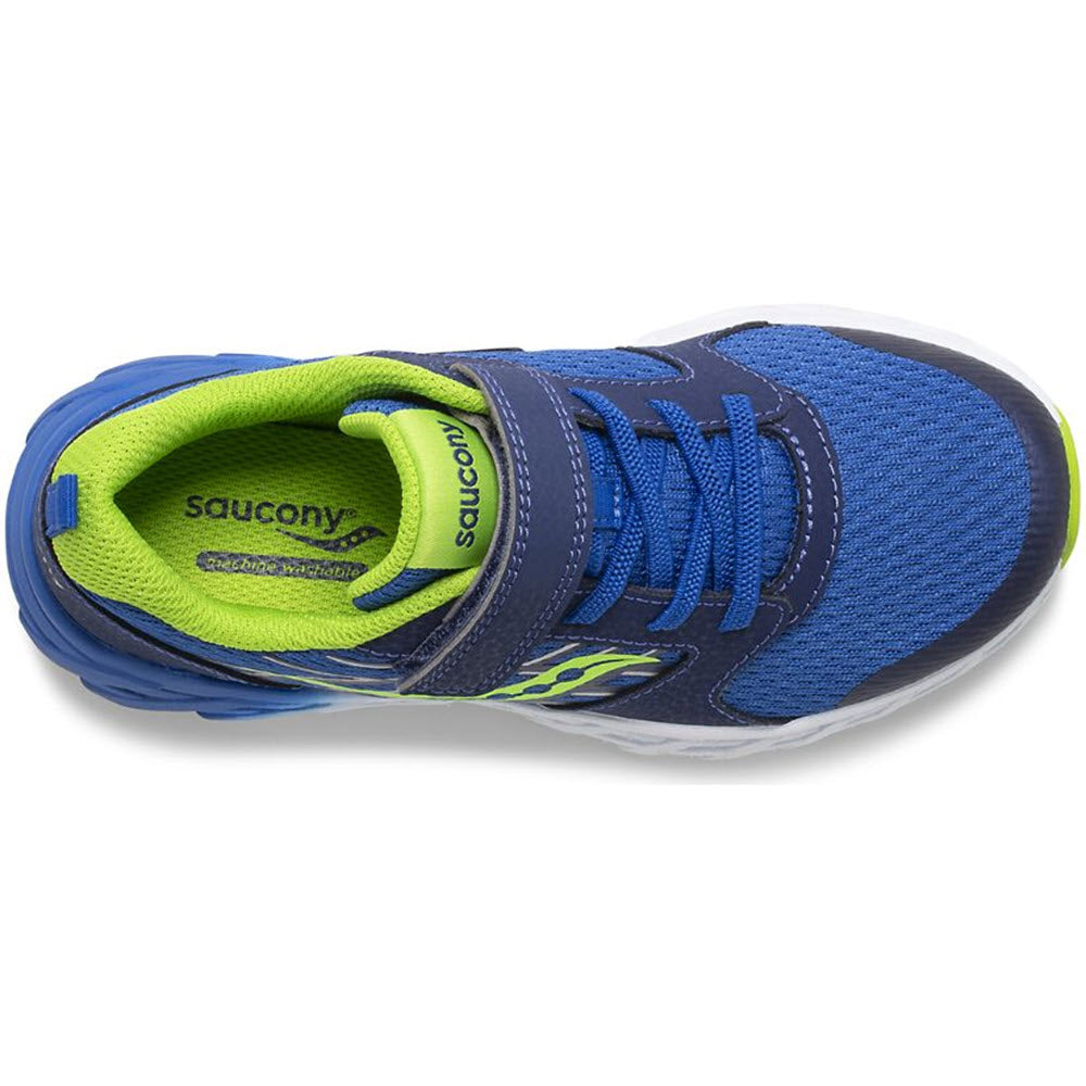 Top view of a blue Saucony Wind A/C 2.0 sneaker with green accents and an EVA midsole.