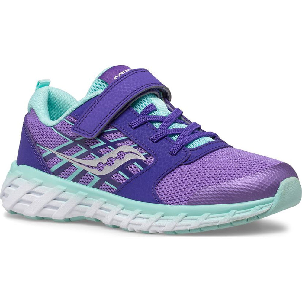 Children&#39;s purple Saucony Wind A/C 2.0 sneaker with turquoise accents, breathable and durable.