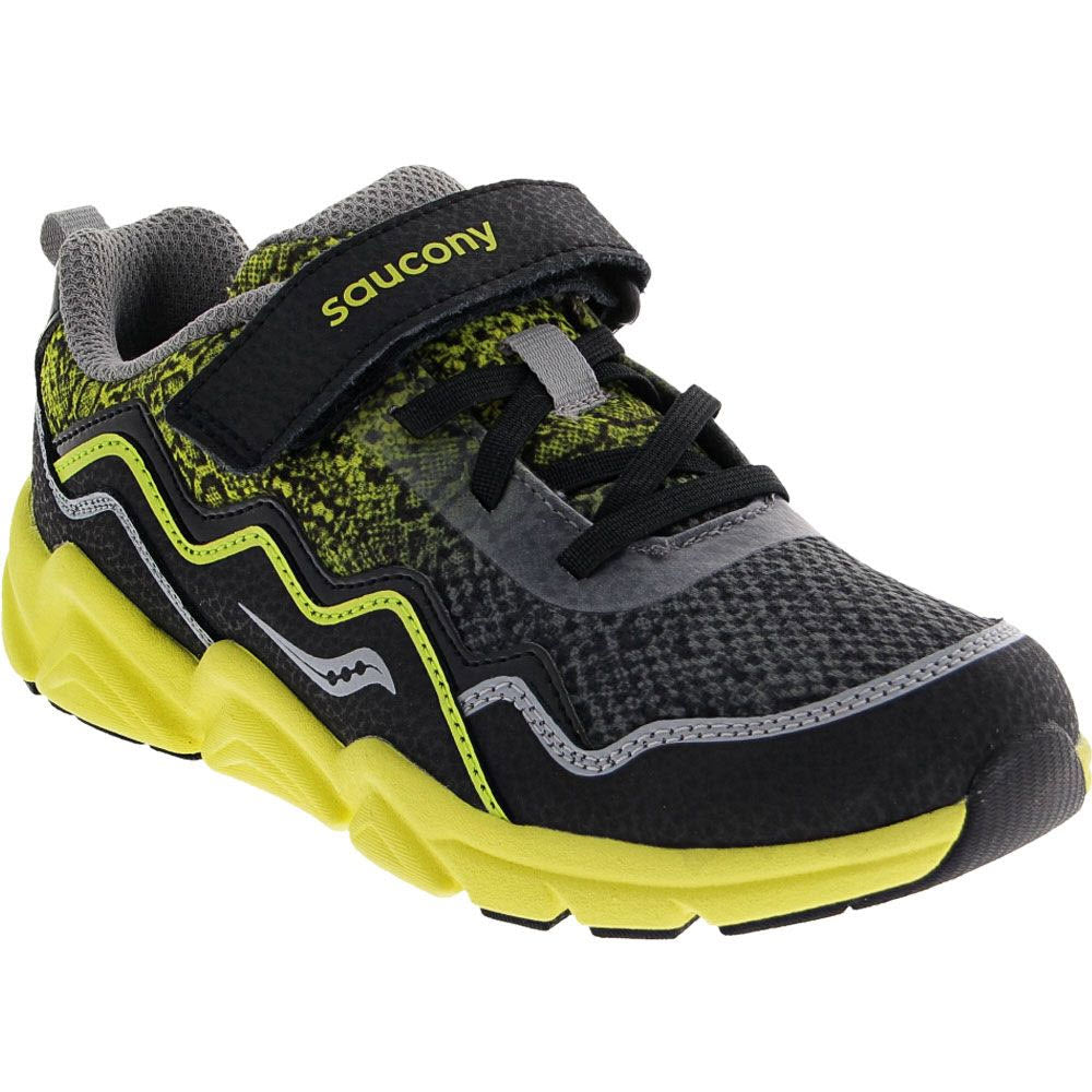 A child&#39;s black and neon yellow Saucony Flash A/C 2.0 sneaker with hook and loop closure, perfect for carefree playtime.