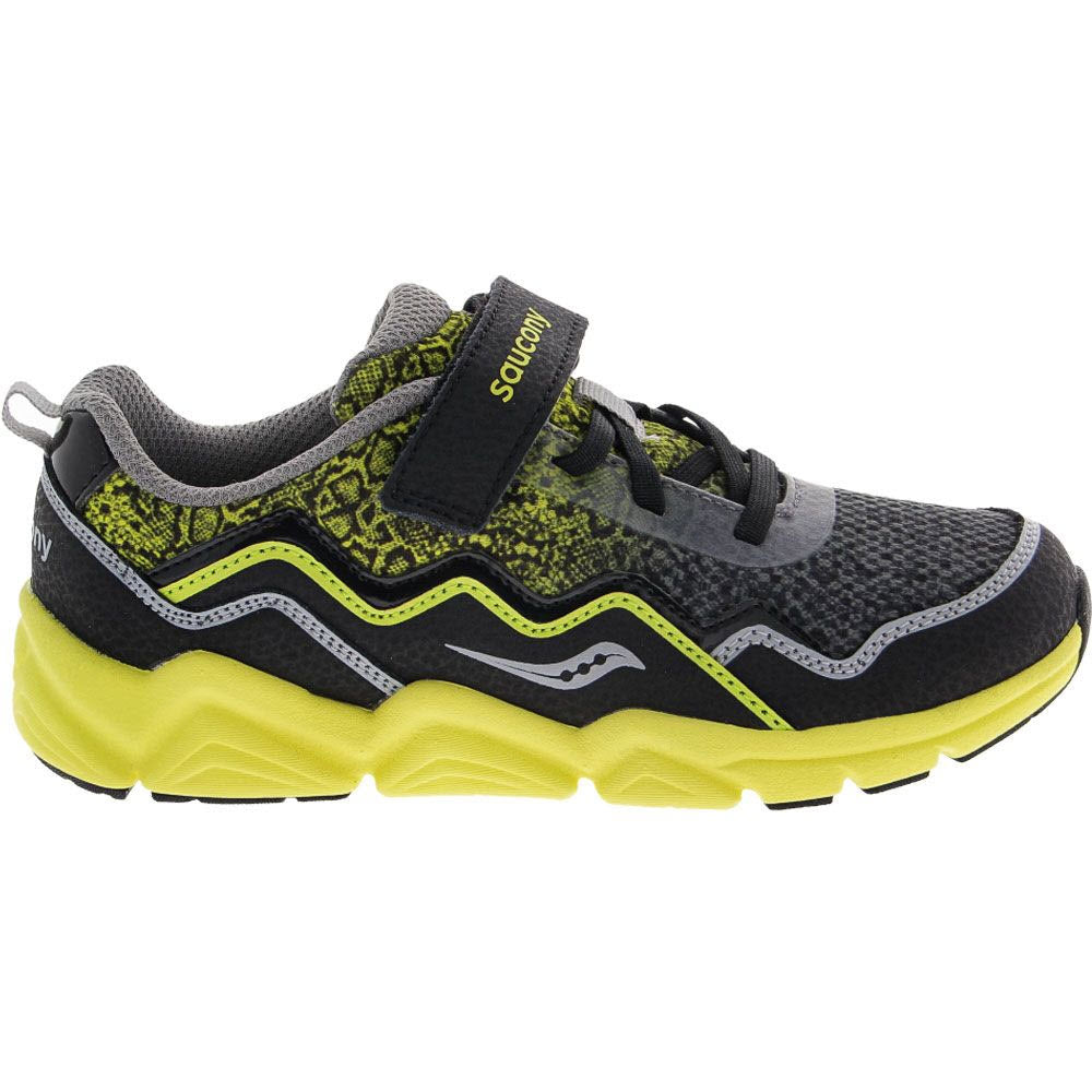 A bright and bold black and neon yellow Saucony Flash A/C 2.0 children&#39;s sneaker with velcro fastening.