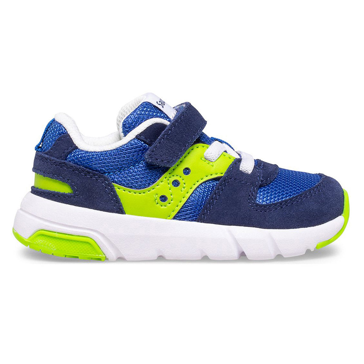 A child's blue and lime green Saucony Jazz Lite 2.0 sneaker with hook and loop fasteners.