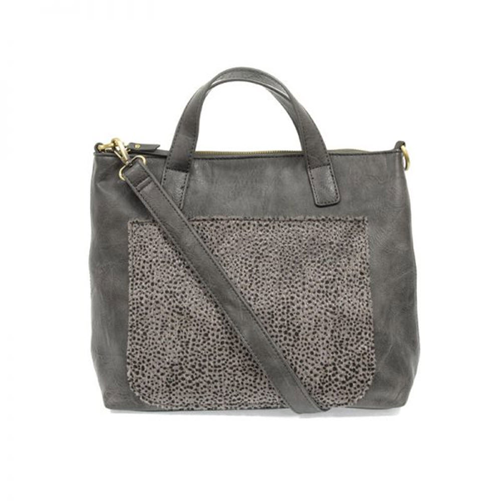 Joy Susan gray vegan leather tote bag with perforated front pocket and detachable crossbody strap.