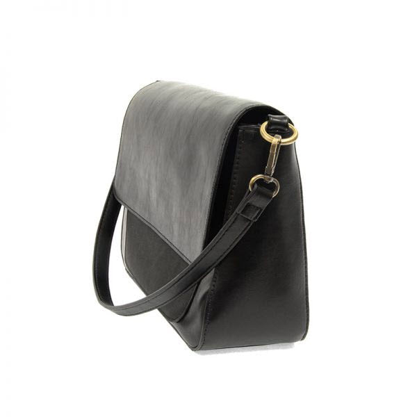 Joy Susan black vegan leather shoulder bag with adjustable cross-body strap and gold-tone hardware.
