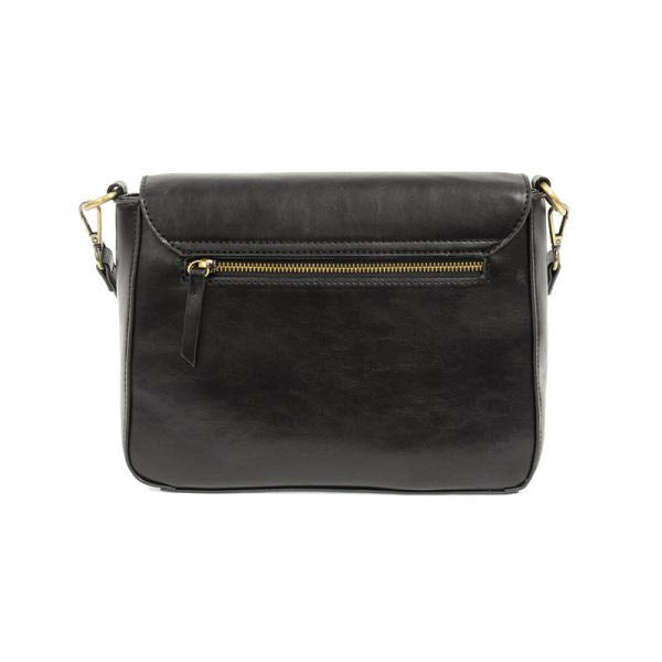 JOY SUSAN LEXIE CONVERTIBLE FLAP BAG BLACK vegan leather bag with front zipper detail on a white background.