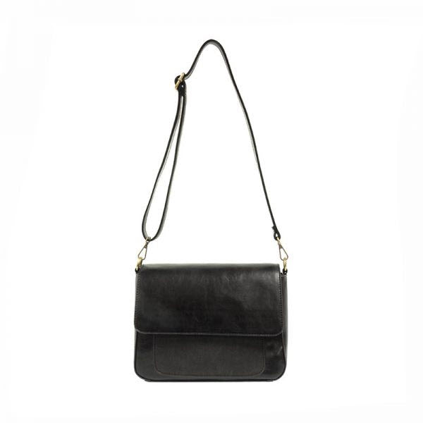Black vegan leather Joy Susan Lexie convertible flap bag with a long strap against a white background.