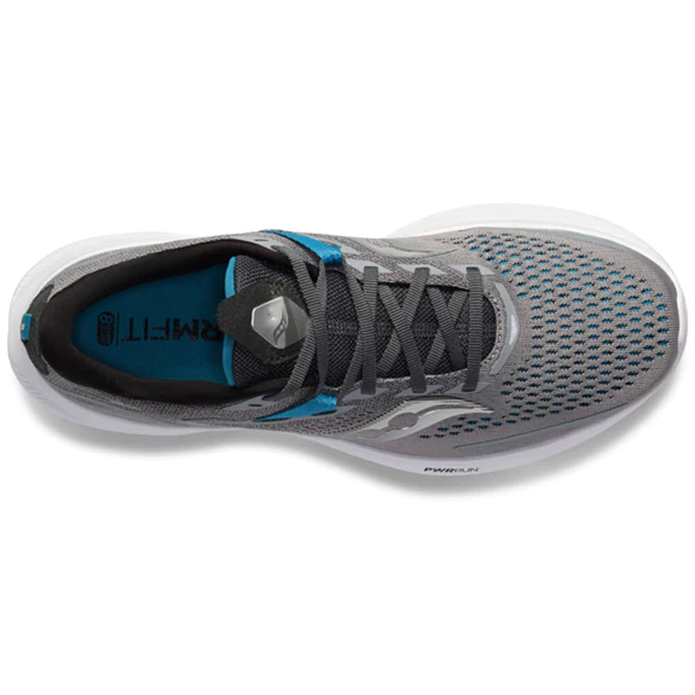 Top view of a single gray and black Saucony Ride 15 running shoe with blue insole.