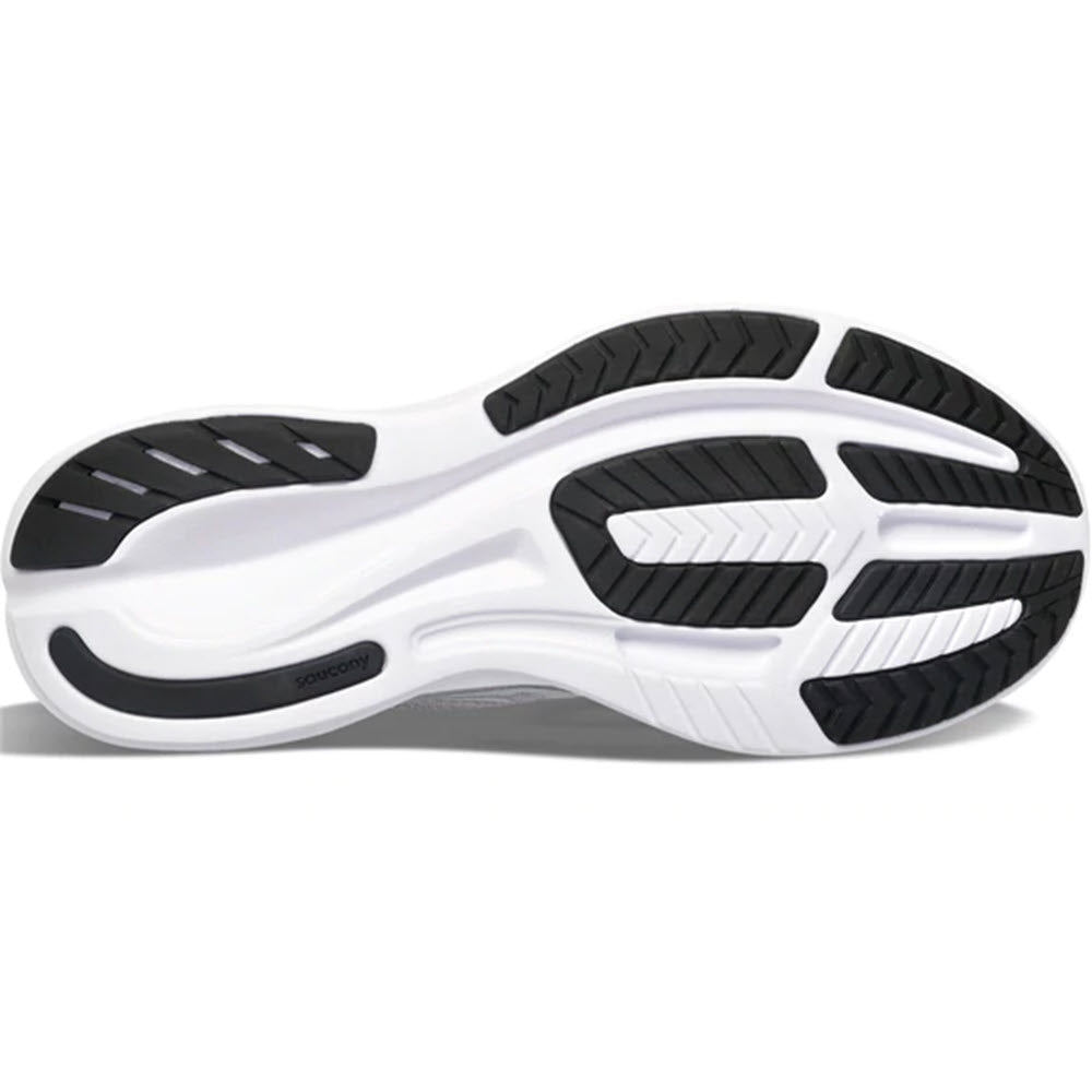 Sole of a Saucony Ride 15 running shoe with a white and black tread pattern.