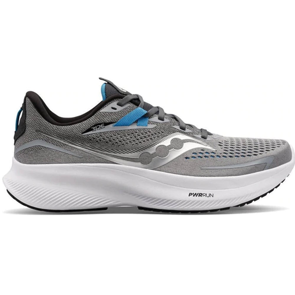 A side view of a gray and blue Saucony Ride 15 running shoe with cushioned PWRRUN sole.