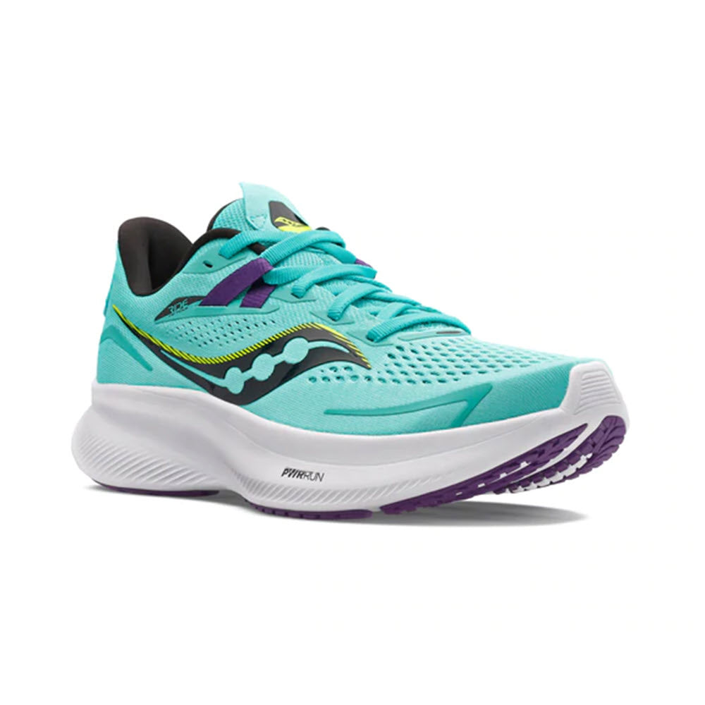 Experience a superior running experience with the Aqua-colored Saucony Ride 15 running shoe featuring black and yellow accents and a white sole, powered by PWRRUN cushioning.