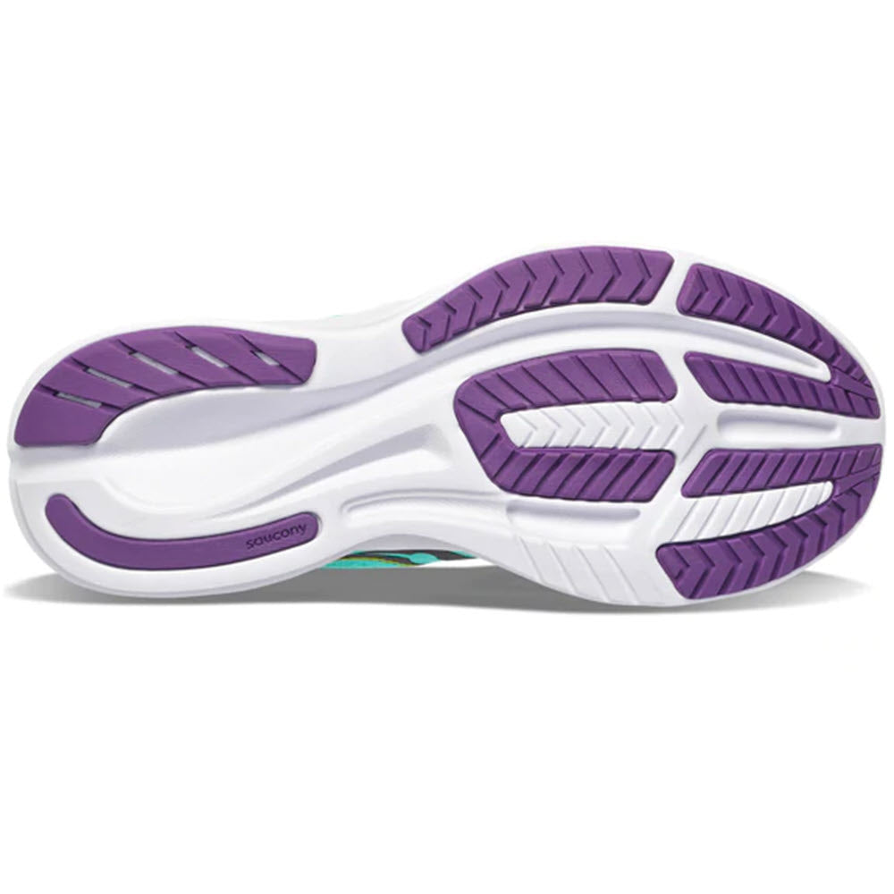 A close-up view of the sole of a white and purple Saucony Ride 15 running shoe with the Saucony brand visible, designed to enhance your running experience.