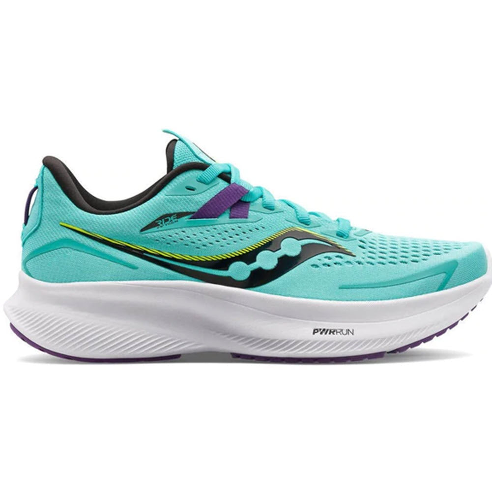 A single turquoise and purple Saucony Ride 15 running shoe with a white sole and dynamic PWRRUN design details.