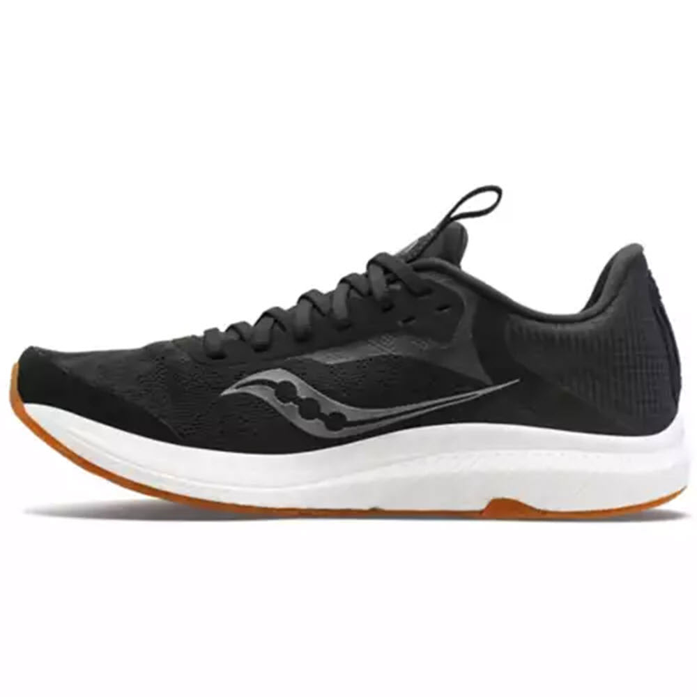 Side view of a Saucony Freedom 5 Womens Black/Gum running shoe with PWRRUN PB cushioning and a distinctive wavy logo.