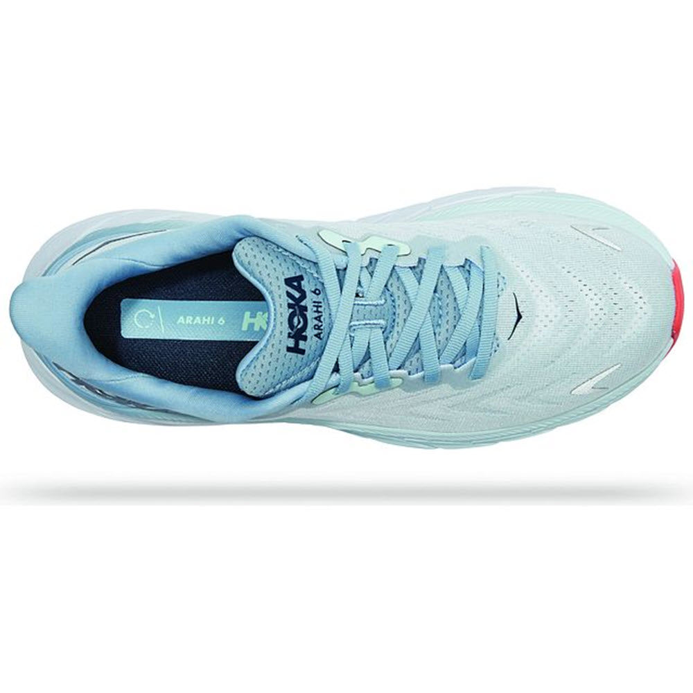 Light blue HOKA ONE ONE ARAHI 6 stability running shoe viewed from above, ideal for overpronators.