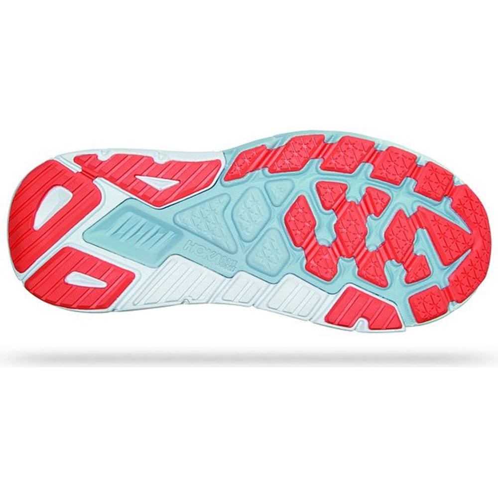 Sentence with replaced product: Stability running shoe tread pattern of a Hoka Arahi 6 sole with red and blue accents for overpronators.