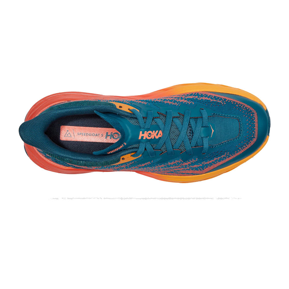 Top view of a single blue and orange Hoka Speedgoat 5 trail running shoe.