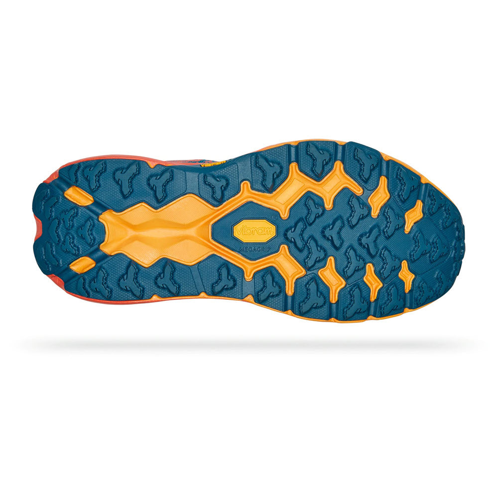 Hoka hiking boot sole with blue and yellow tread pattern and Vibram® Megagrip.