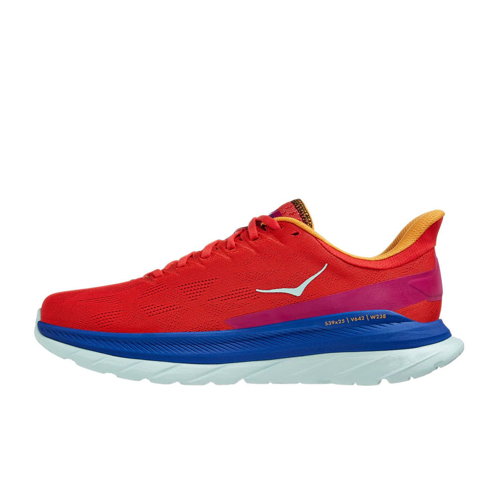 A side view of a red and blue HOKA Mach 4 Fiesta/Bluing sports running shoe, designed for long miles, with a white sole and the puma logo on the side.