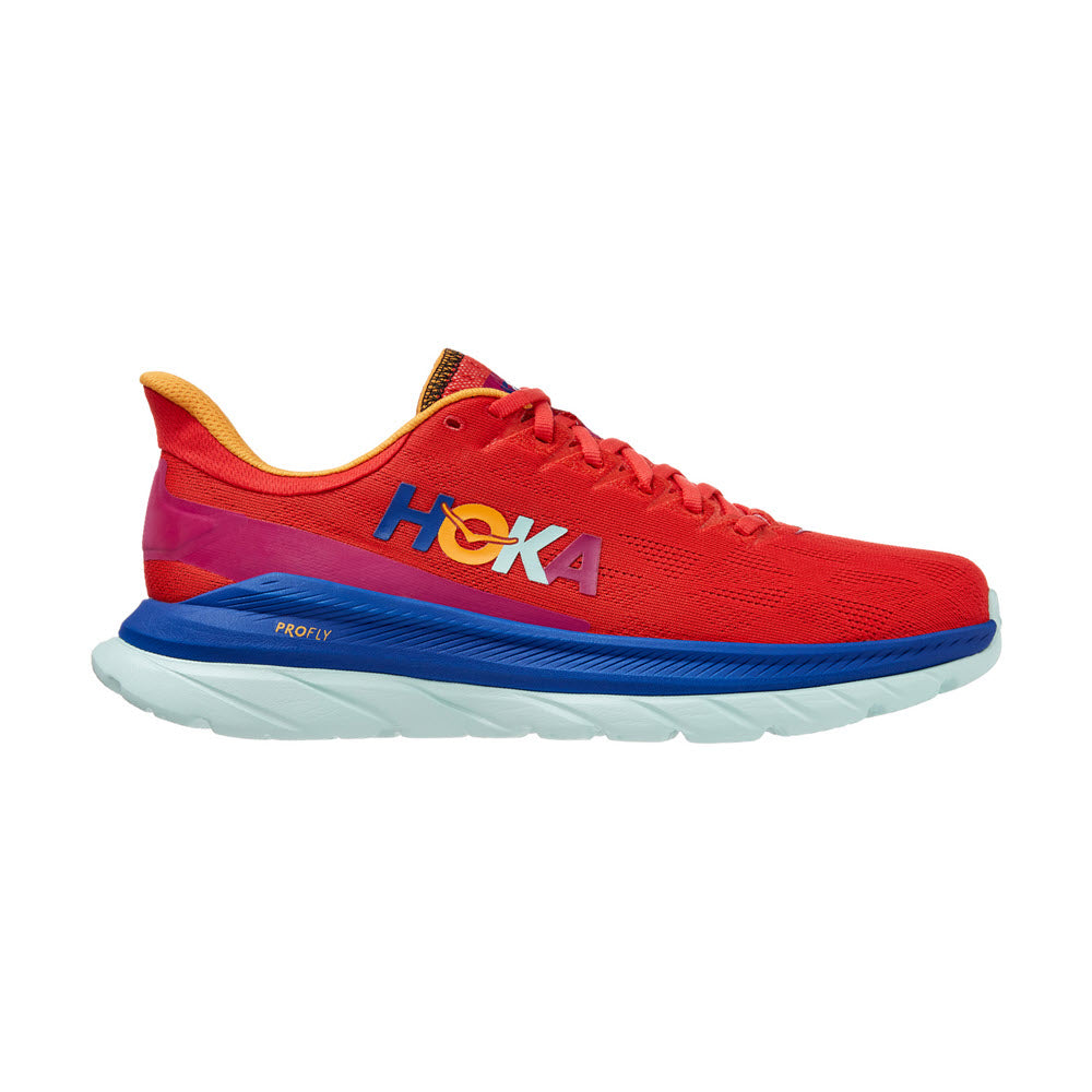 A red Hoka Mach 4 Fiesta/Bluing running shoe with a blue sole and yellow accents, perfect as an everyday trainer for long miles.