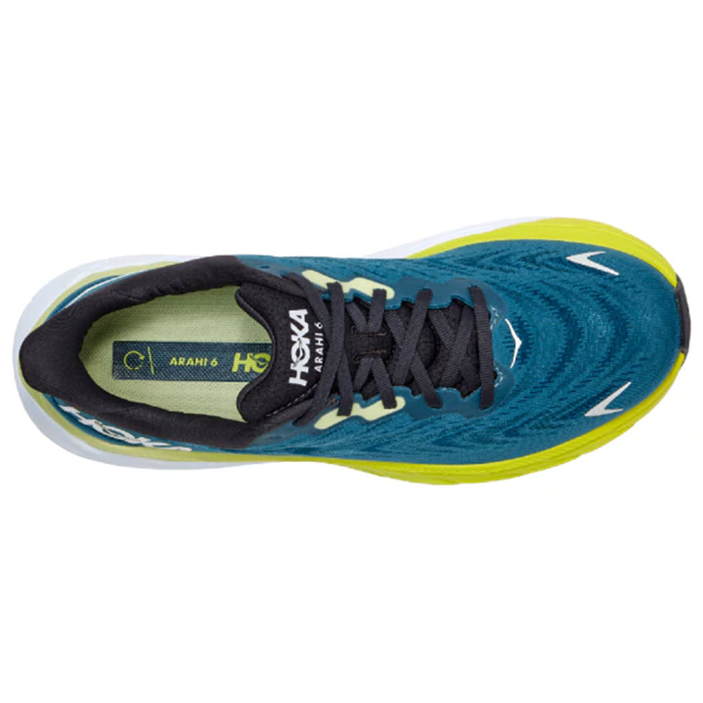 Top view of a blue and yellow Hoka Arahi stability shoe with black laces.