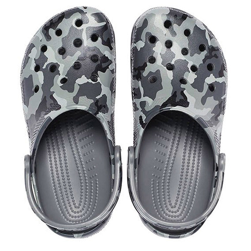 A pair of Camo patterned slip-on sandals made from Croslite material for iconic Crocs comfort.