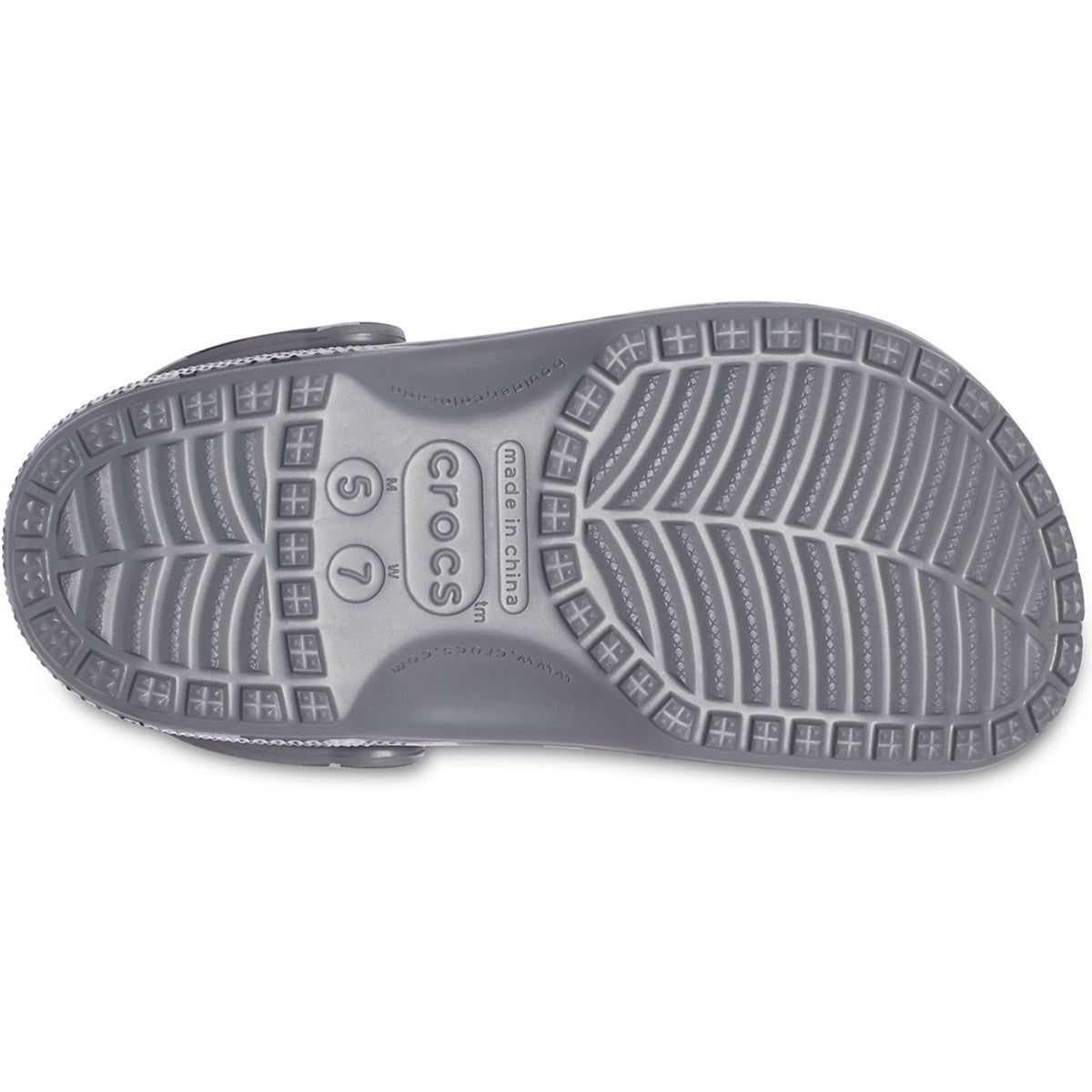 Sole of a gray Crocs Classic Camo/Slate Gray Men&#39;s shoe displaying the Crocs brand name and size, made with iconic Crocs comfort from Croslite material.