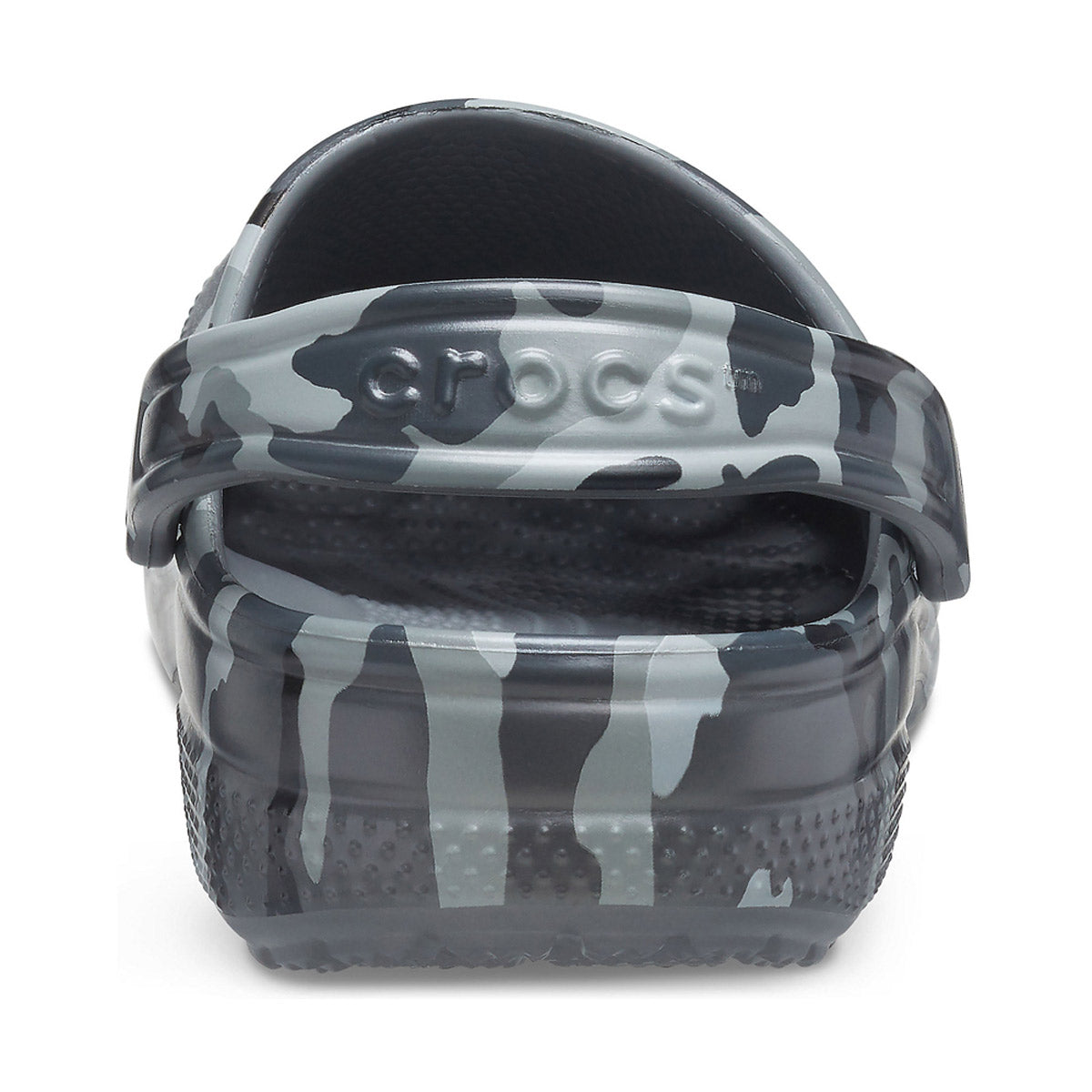 A single CROCS CLASSIC CAMO/SLATE GRAY - MENS clog viewed from the heel angle, featuring Iconic Crocs Comfort with its Croslite material.