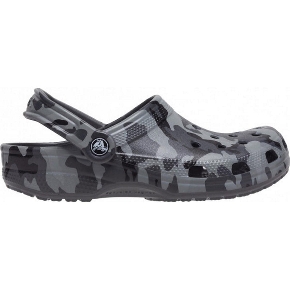 A single camo-patterned Crocs Classic Camo/Slate Gray - Mens clog shoe made from Croslite material, positioned on a white background.