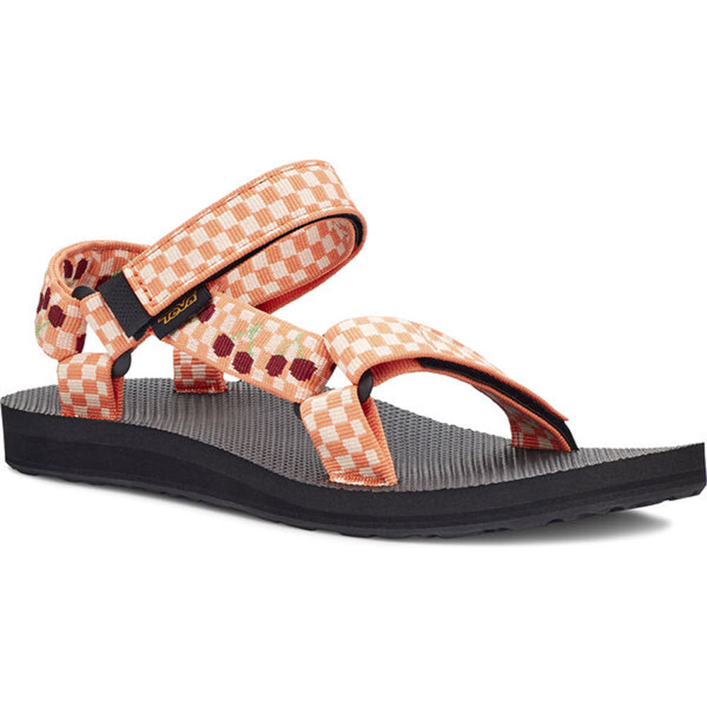 Orange and beige checkered pattern Teva Original Universal Picnic Cherries - Kids water sandal with recycled plastic straps on a white background.