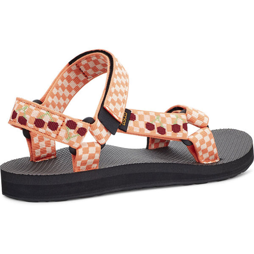 A colorful patterned strap sandal, made from recycled plastic straps, with a black sole, Teva Original Universal Picnic Cherries - Kids.