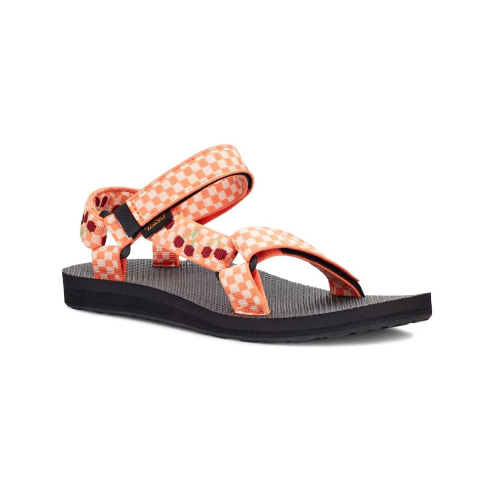 Colorful checkered recycled plastic strap sandal on a white background from Teva Original Universal Picnic Cherries - Kids.
