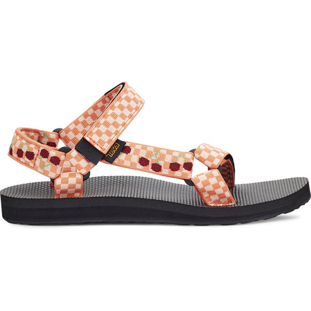 A single Teva Original Universal Picnic Cherries - Kids water sandal with an easy hook-and-loop closure against a white background.