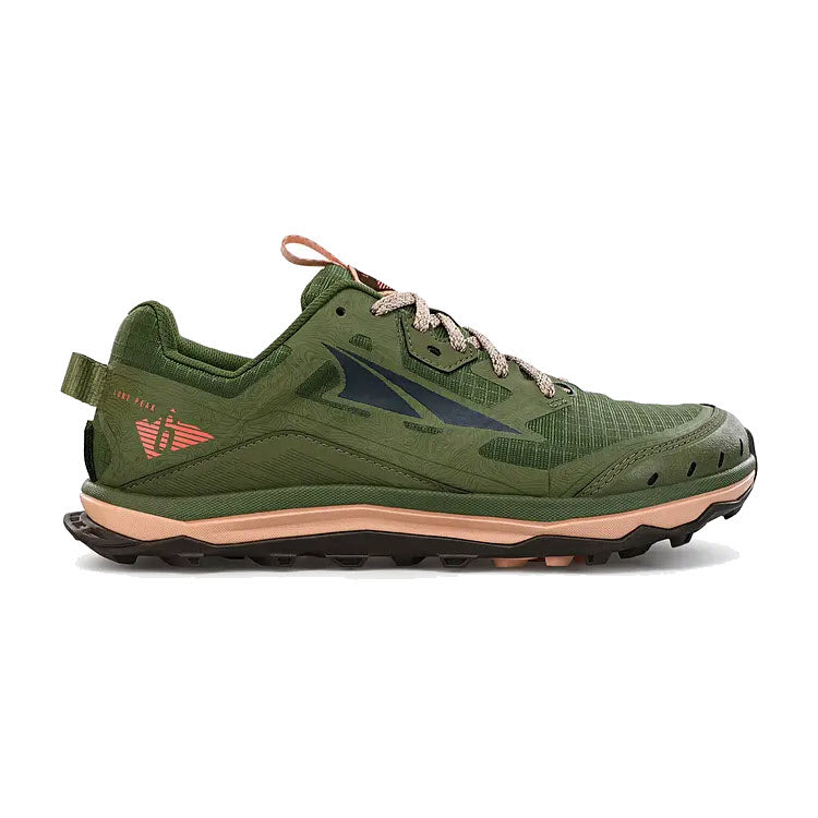 Side view of an Altra Lone Peak 6 Dusty Olive - Womens trail running shoe with contrasting design elements and a MaxTrac outsole.