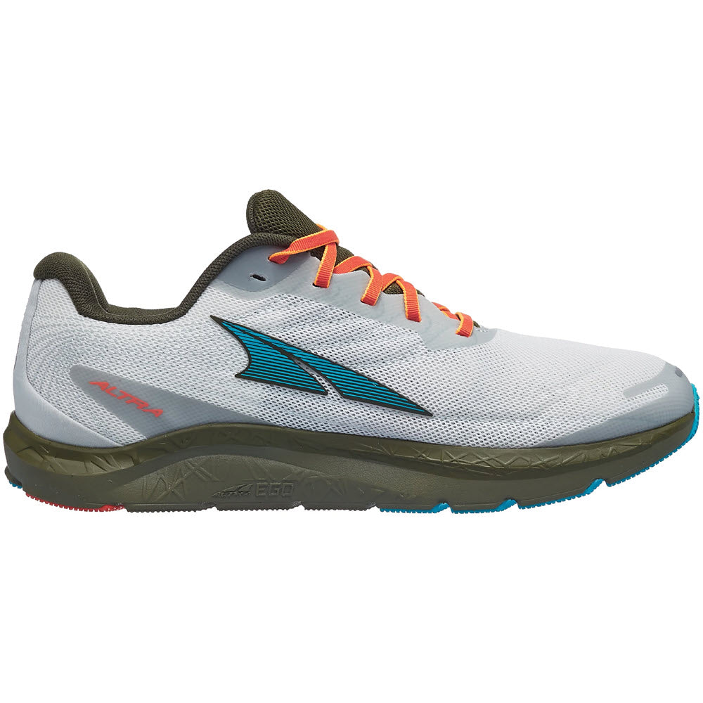 Altra Rivera 2 White/Green Mens, a neutral road shoe for daily training, features contrasting orange laces and a blue-accented sole.