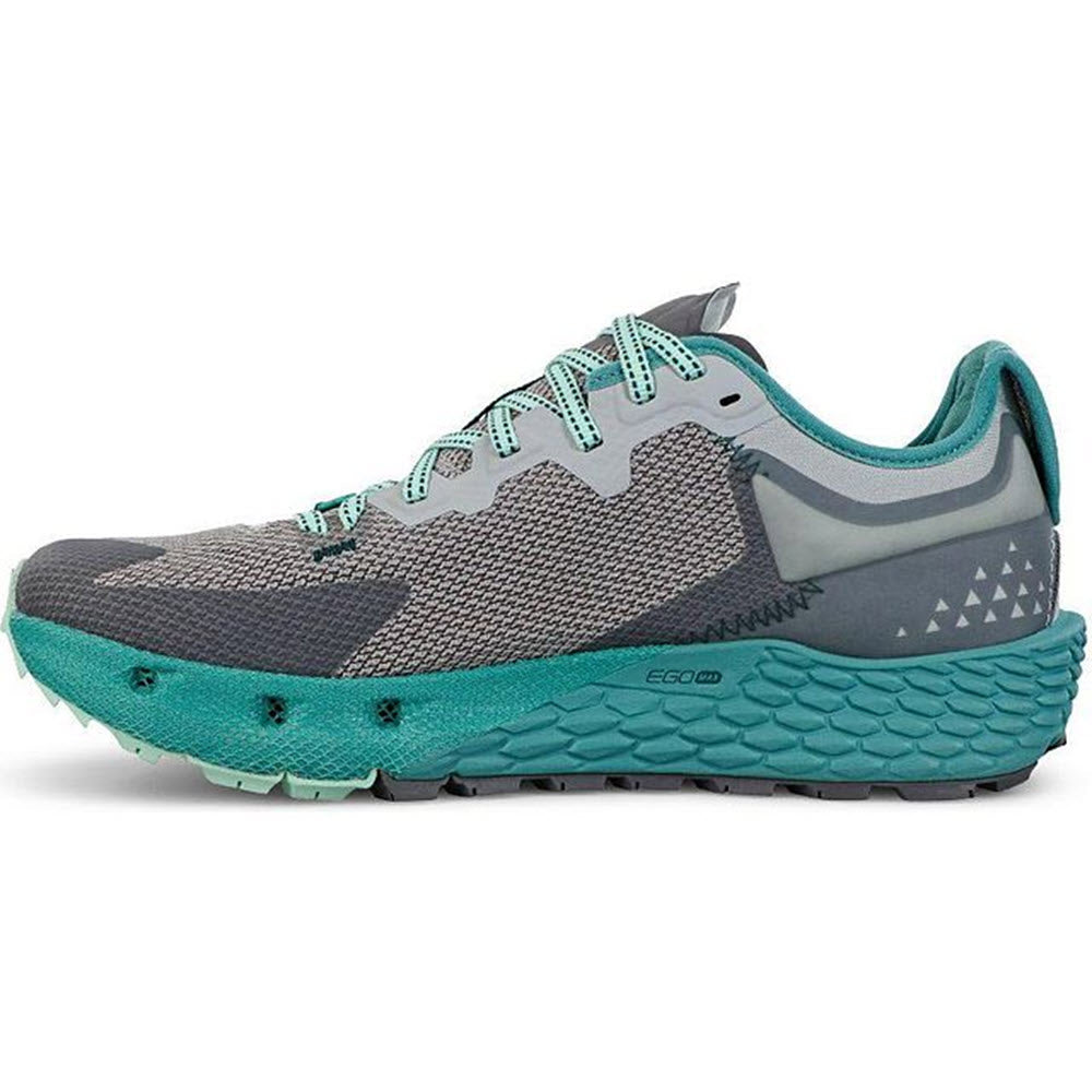 A single grey and turquoise Altra Timp 4 trail running shoe with a chunky sole.