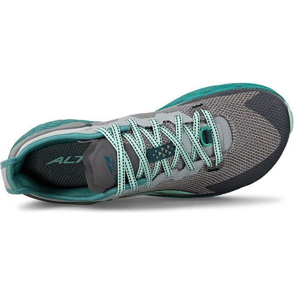 Overhead view of a teal and grey Altra Timp 4 trail running shoe.