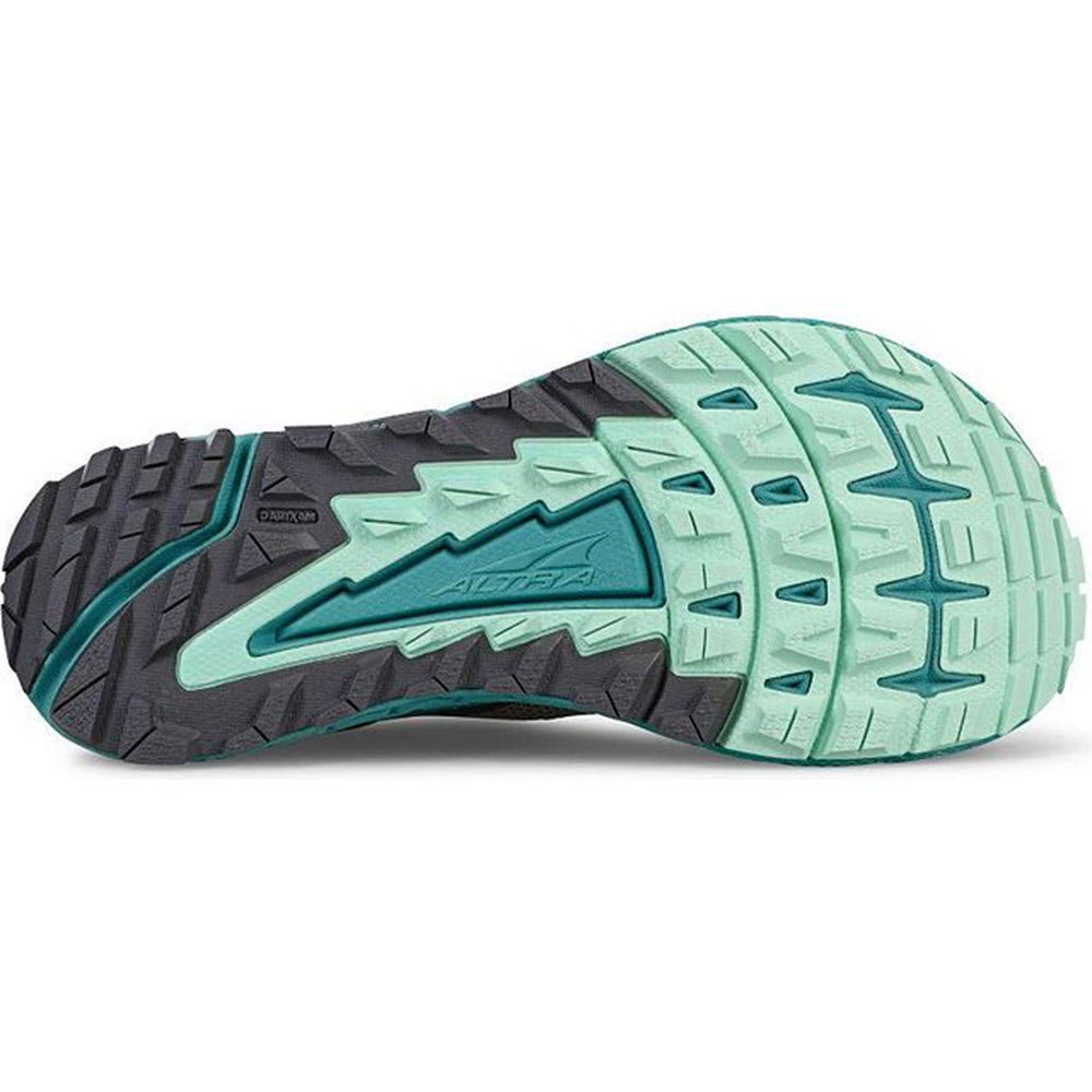Tread pattern of an ALTRA TIMP 4 GREY/TEAL - WOMENS trail running shoe sole with Altra logo visible.