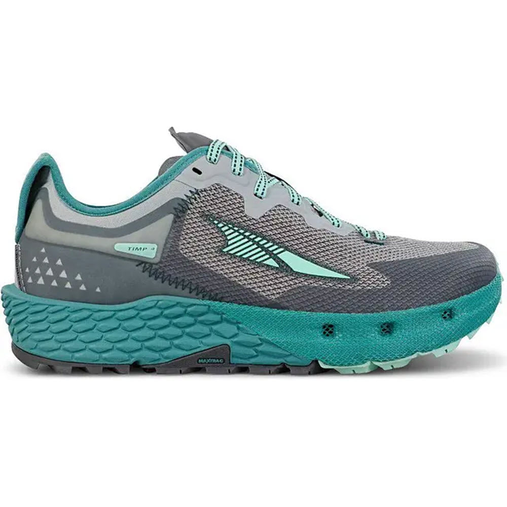 A side view of a gray and turquoise Altra Timp 4 trail running shoe with a prominent tread pattern.