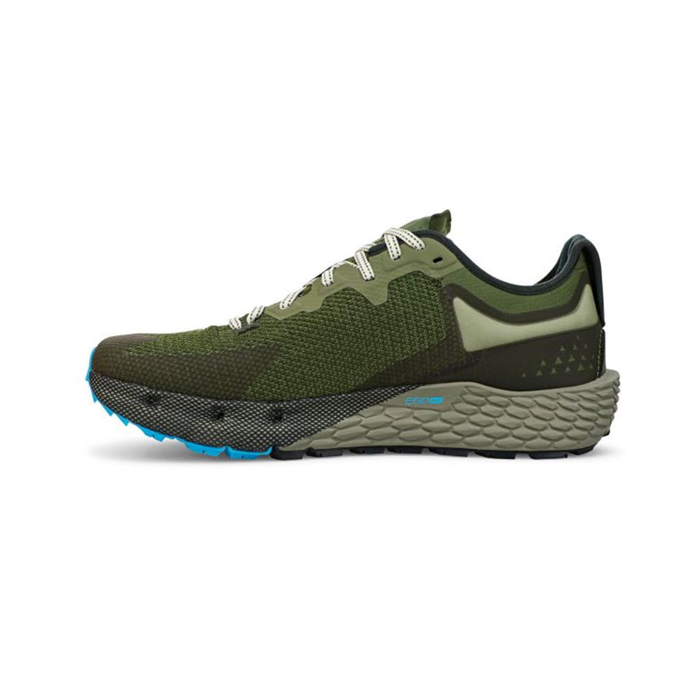 Side view of a green Altra Timp 4 Dusty Olive running shoe with an energetic midsole.