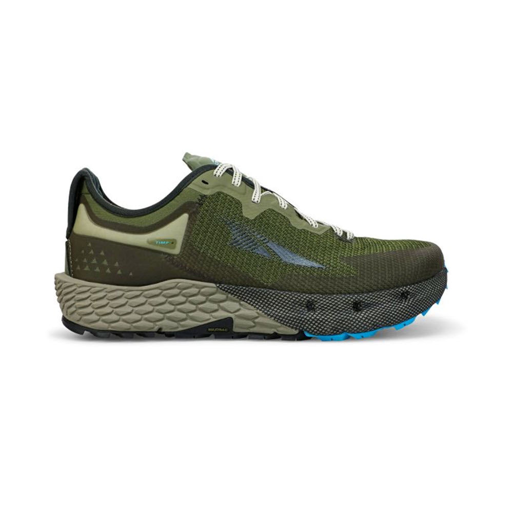 Sentence with replaced product name:
An Altra ALTRA TIMP 4 DUSTY OLIVE - MENS trail running shoe with blue accents on a white background, featuring versatile traction.