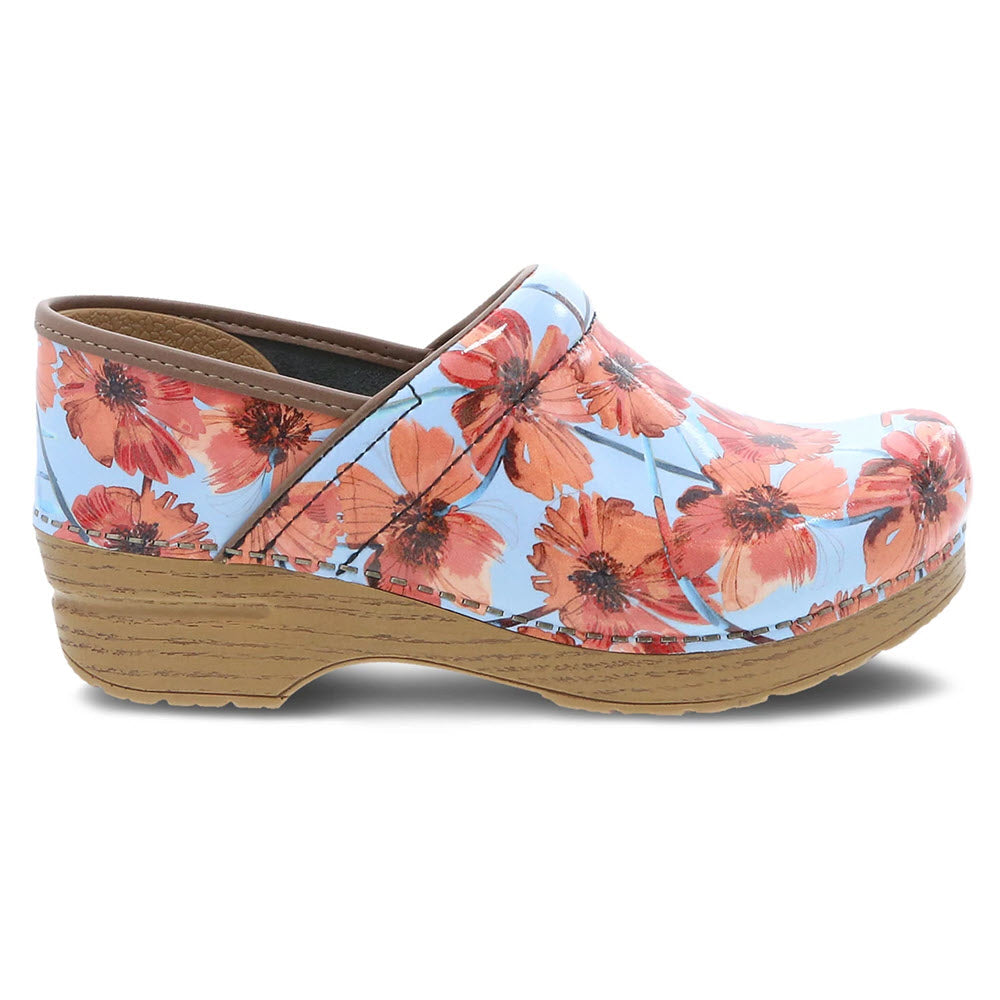 Floral print Dansko Professional Poppies Patent Clog on a white background, designed for all-day comfort.