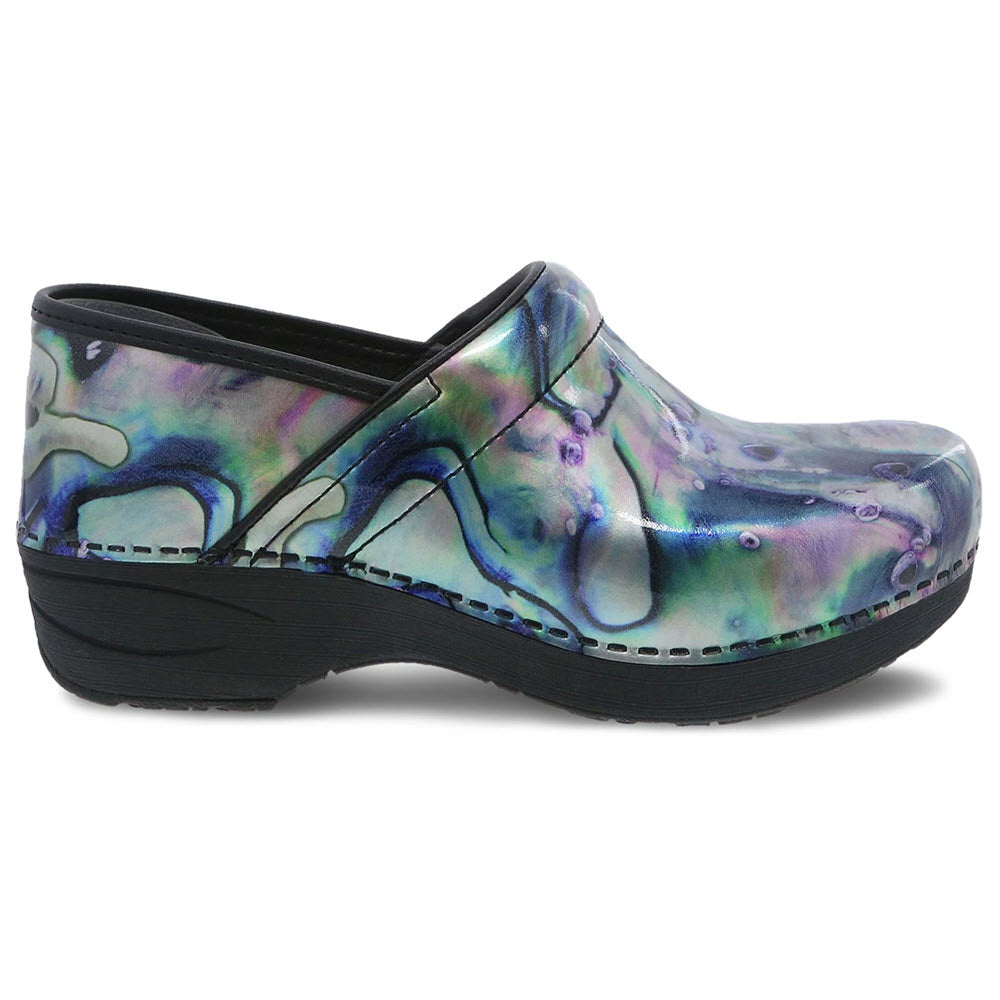 A colorful iridescent Dansko PRO XP 2.0 SILVER PEARL PATENT clog shoe with a black, slip-resistant outsole.