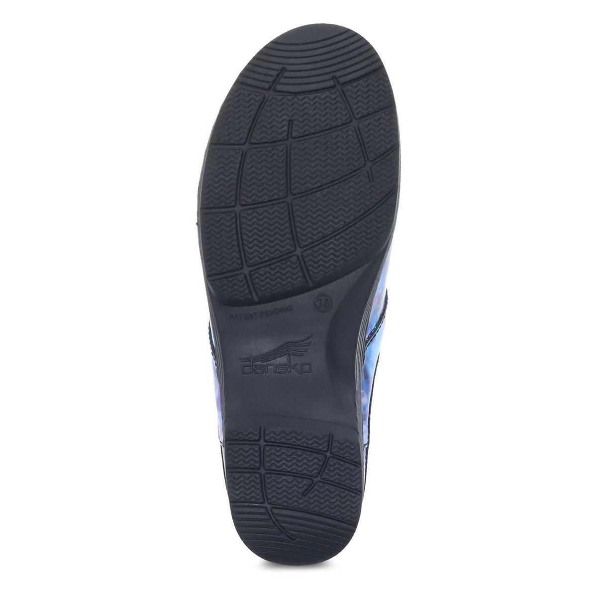 The sole of a Dansko LT Pro Blue Crush Patent - Women&#39;s clog features textured tread patterns and a brand logo, highlighting its lightweight construction.