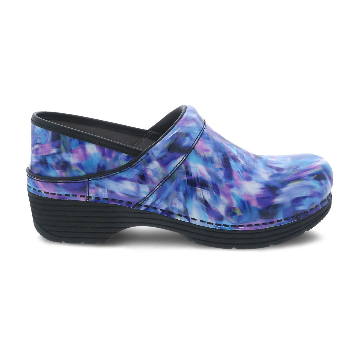 A single Dansko women&#39;s clog with a blue and purple swirled pattern on a white background features lightweight construction.