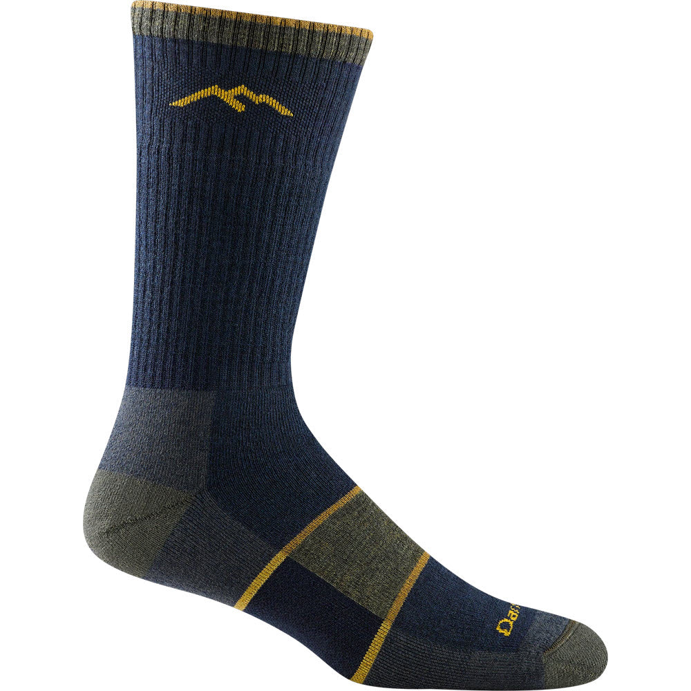 A single Darn Tough Hiker Boot Sock Cushion Eclipse sock with yellow accents, designed for durability on the Pacific Crest Trail, displayed against a white background.