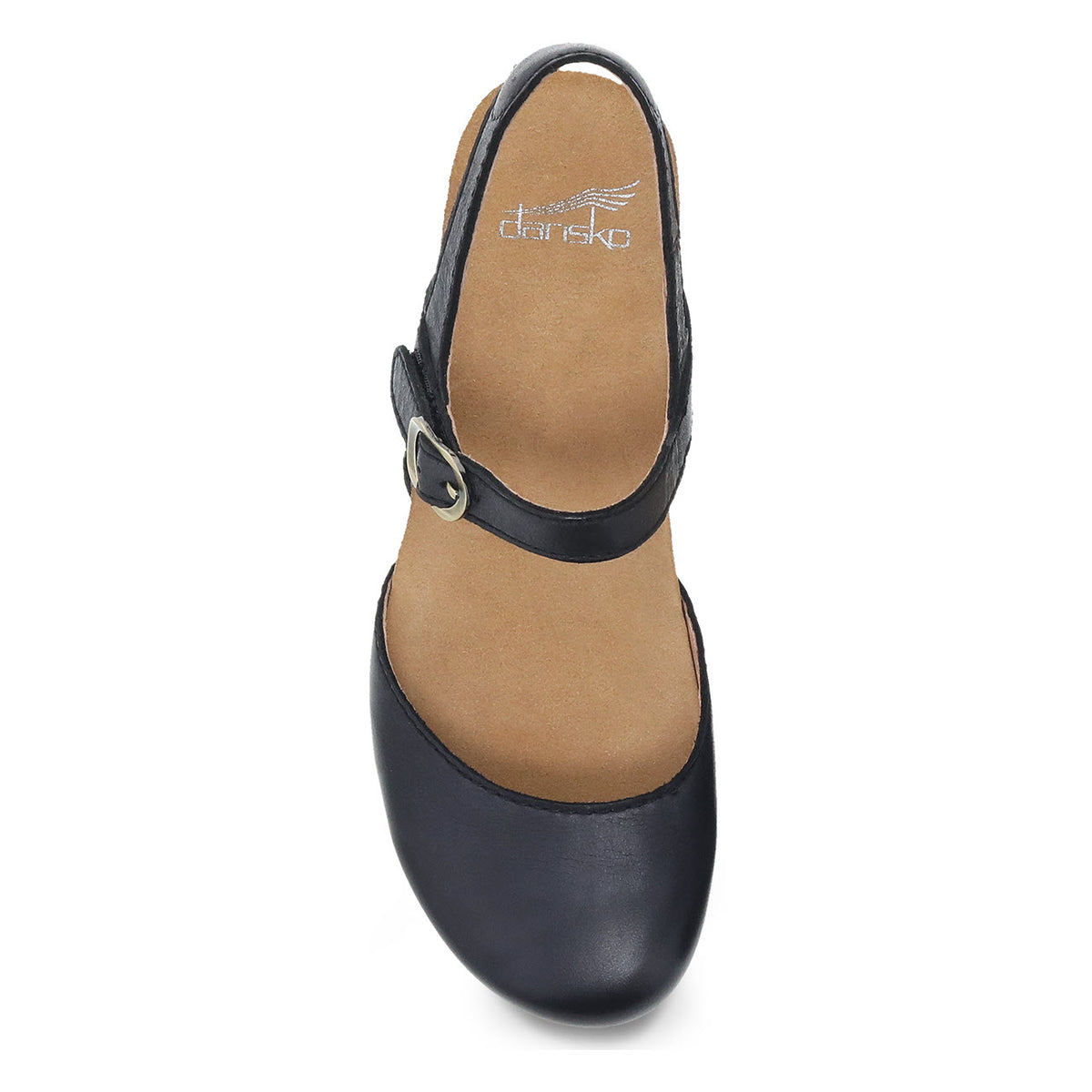 Dansko black leather Tiffani mary jane style shoe with an ankle strap and a round toe.